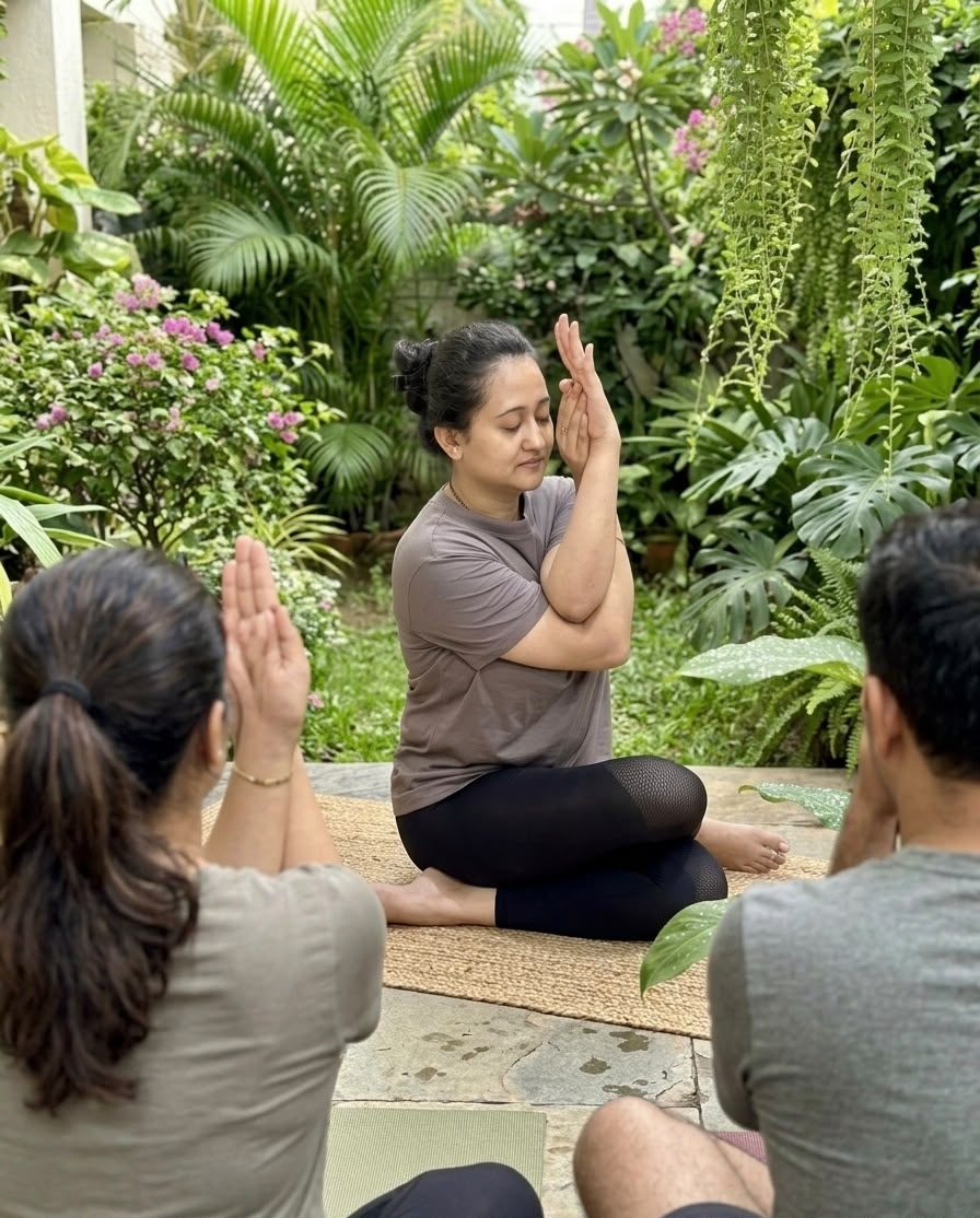 Pinki guiding an outdoor Sukh Space yoga class with students in Dhanbad